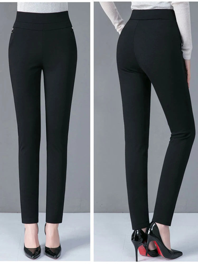 Casual Elegant Office Slimming Solid Color Fleecing Thick Thin Women's Pants Elastic Waist Tight Pencil Pants