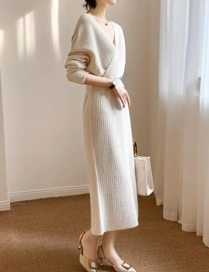 New Autumn/Winter Fashion Long Sleeve V-neck Knitted Solid Color Slim Fit Dress For Women,5 Colors