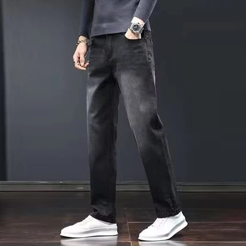 Men Fashion Loose Straight Elasticity Jeans Male Wear-resistant Slim Fit Denim Pants Smart Casual Dark Gray Trousers