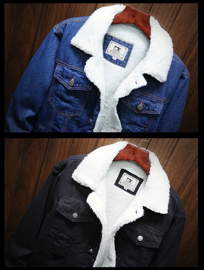 Winter Men's Fleece-Lined Denim Jacket Korean Fashion Windproof Warm Multi-Pocket Lapel Jacket Man High Street Vintage Jean Coat