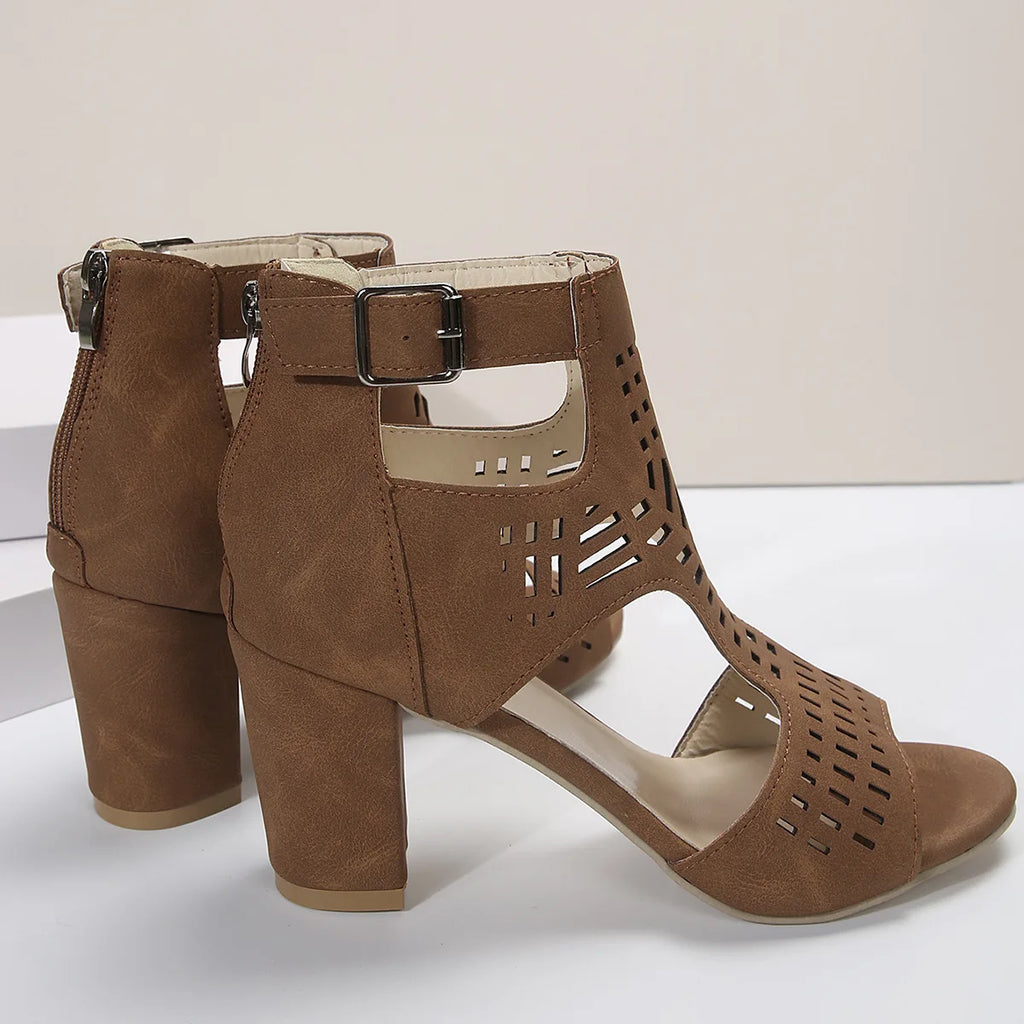 Women Fashion Strap Sexy High Heel Sandals Woman Roman Hollow Pumps Lace-up Peep Toe Sandals Casual Chunky High-heeled Sandals