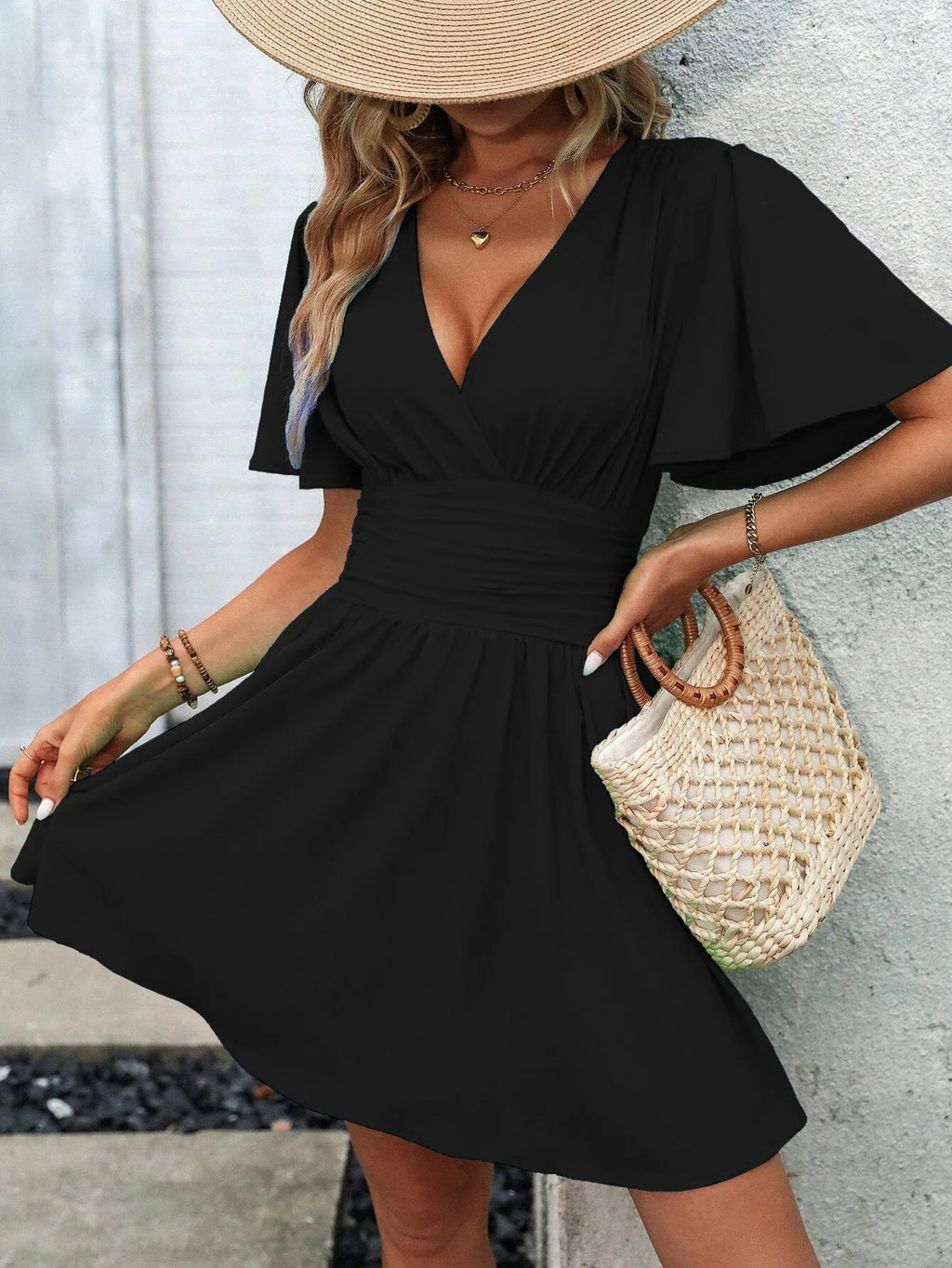 Woman Summer V-Neck Ruffled Sleeve Solid Color Dress Woman Clothing Tops Skirts Y2k Clothes