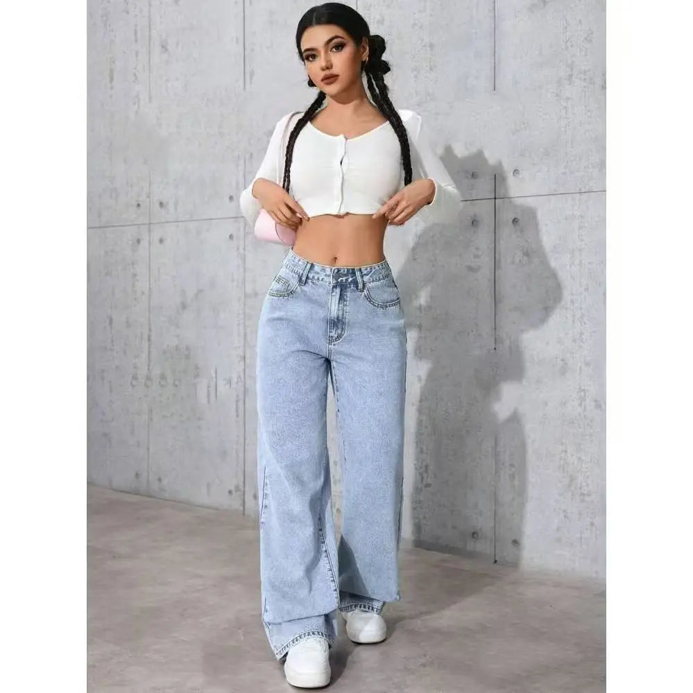 Ladies Washed Wide Leg Jeans High Waist Loose Casual Straight Leg Daily Bottoms