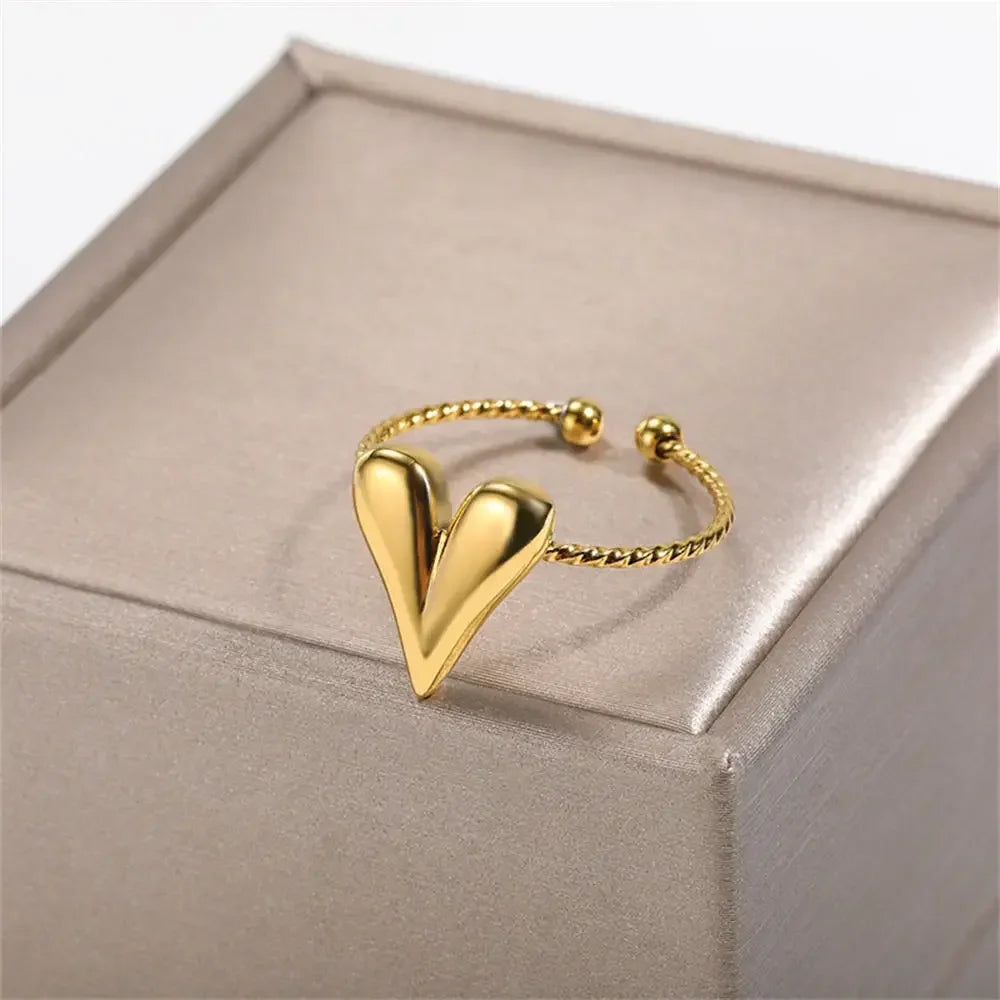 316L Stainless Steel Rings For Women Geometric Heart Wide Ring Adjustable Open Ring Fashion Jewelry Valentine's Day Gift