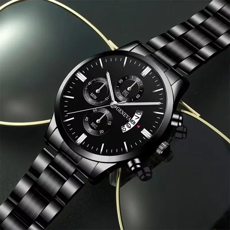 3PCS Men's Watch Set Business Trend Classic Round Dial Quartz Watch Bracelet Necklace Set Perfect Gift for Friends or Dad