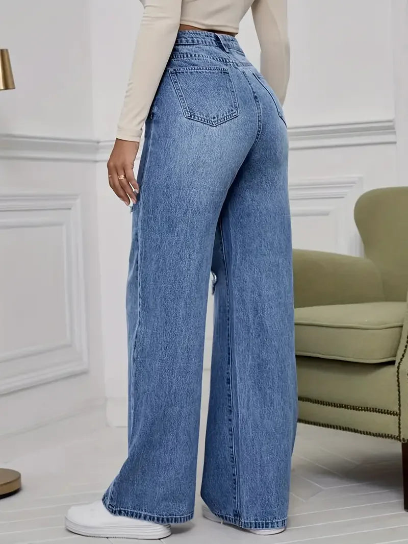 Women's Jeans Denim Pants Wide Leg Vintage Distressed Ripped Trousers