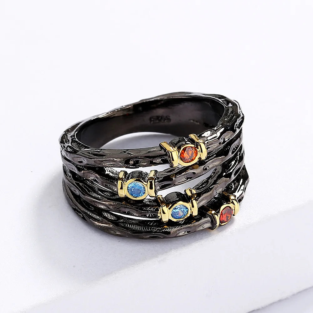 925 Stamp Inlaid with Colorful Zircon Women's Ring Multi-layer Irregular Black Gold Jewelry Women's Party Birthday Gift