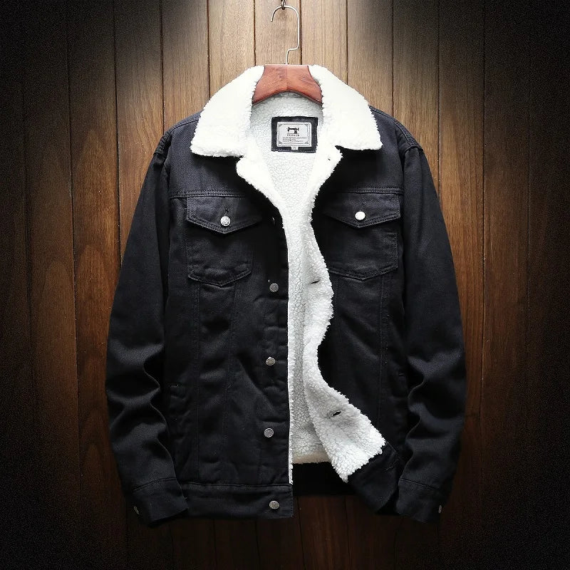 Winter Men's Fleece-Lined Denim Jacket Korean Fashion Windproof Warm Multi-Pocket Lapel Jacket Man High Street Vintage Jean Coat