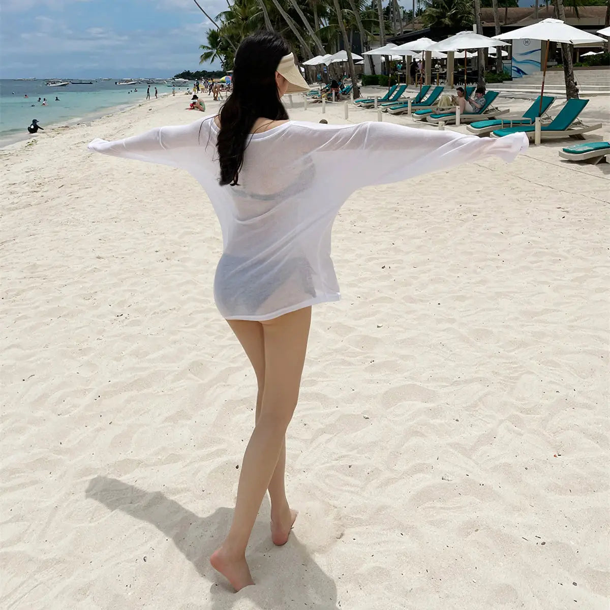 Bikini Swimsuit Cover up Women's Loose Thin Outerwear Casual Sle Long Sve One oulder T Top for Beach Vaion