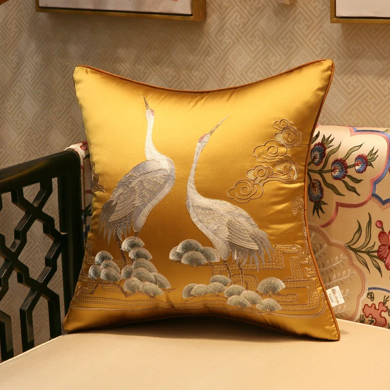 Chinese Style Crane Hugging Pillowcase Living Room Sofa Decoration Embroidered Cushion Cover Home Decor Luxury Pillow Covers