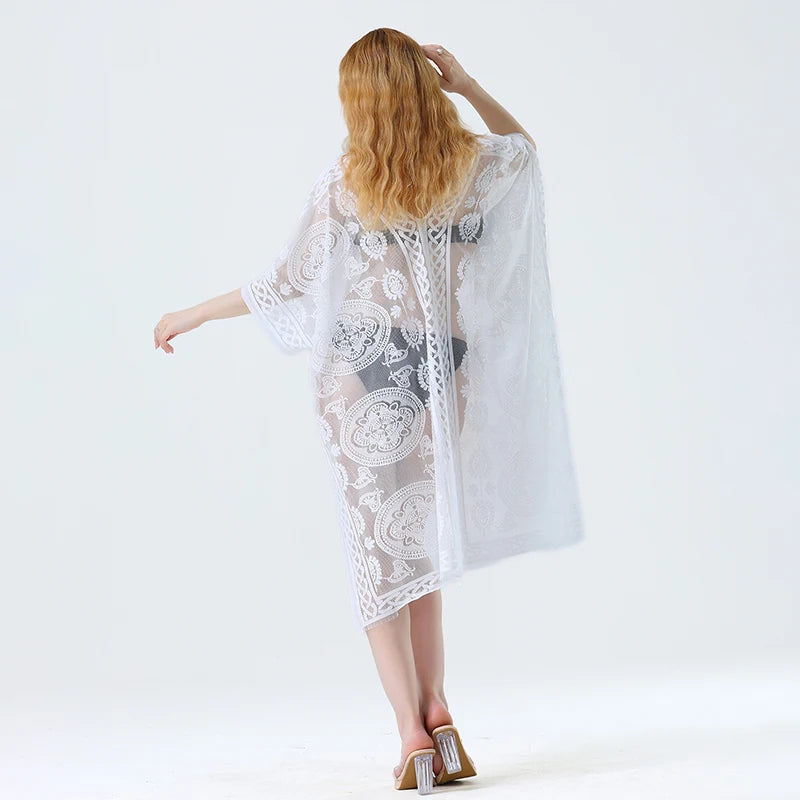 Swim Cover Up Lace White Beach Dress Sexy Long Cover up Woman Swimwear Bikini Tunic Long Pareos Robe Beachwear Outfit