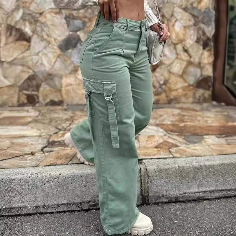 Fashion Retro Overalls Pants Multi-Pocket Casual Straight Pants High Street Women's Wide-Legged High Waisted Long Trousers