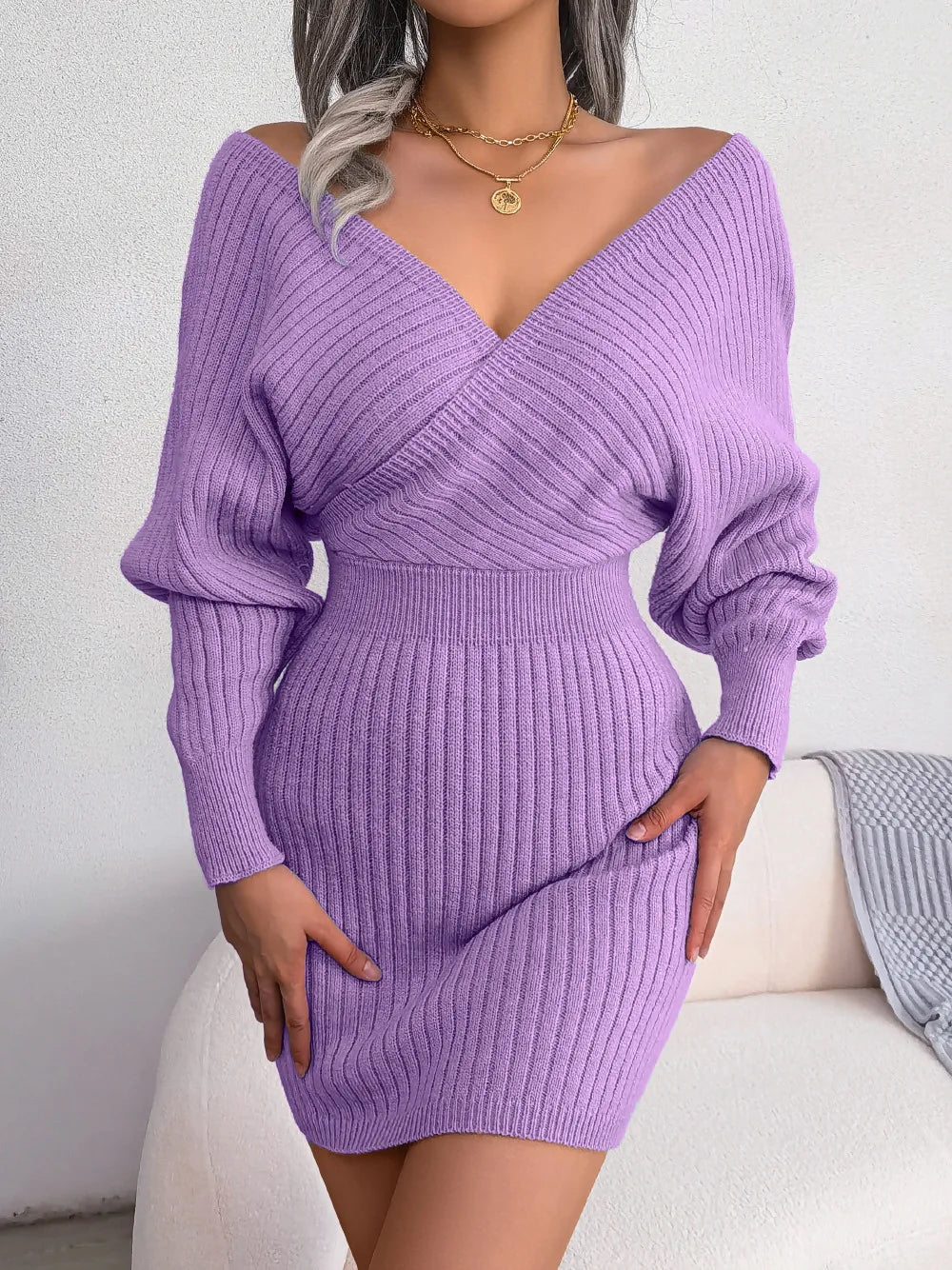 Women's V Neck Waist Tie Sweater Dress - Bodycon Long Sleeve Solid Knit for Fall Winter Holiday Party