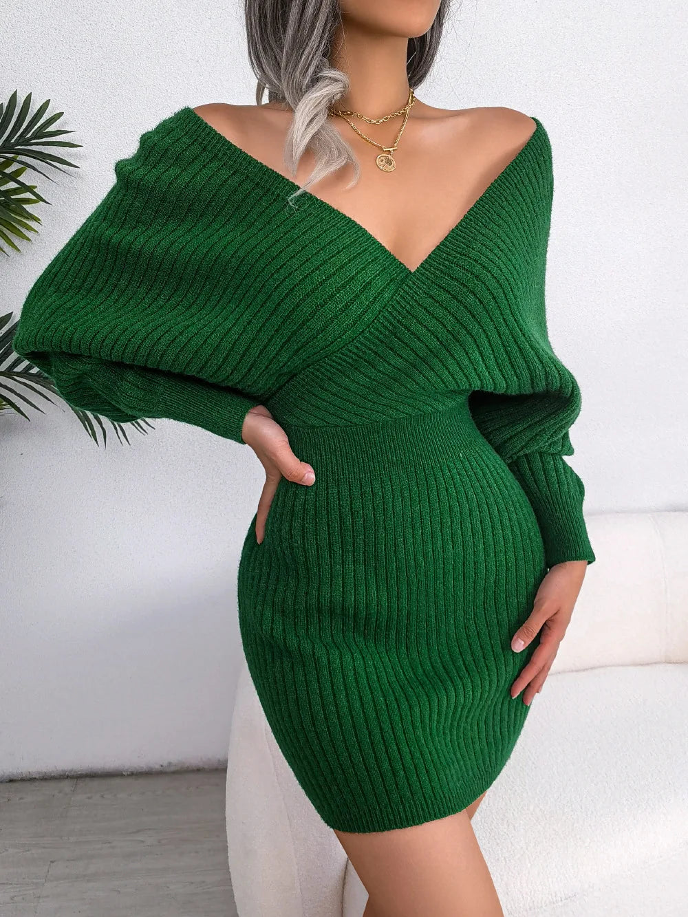Women's V Neck Waist Tie Sweater Dress - Bodycon Long Sleeve Solid Knit for Fall Winter Holiday Party