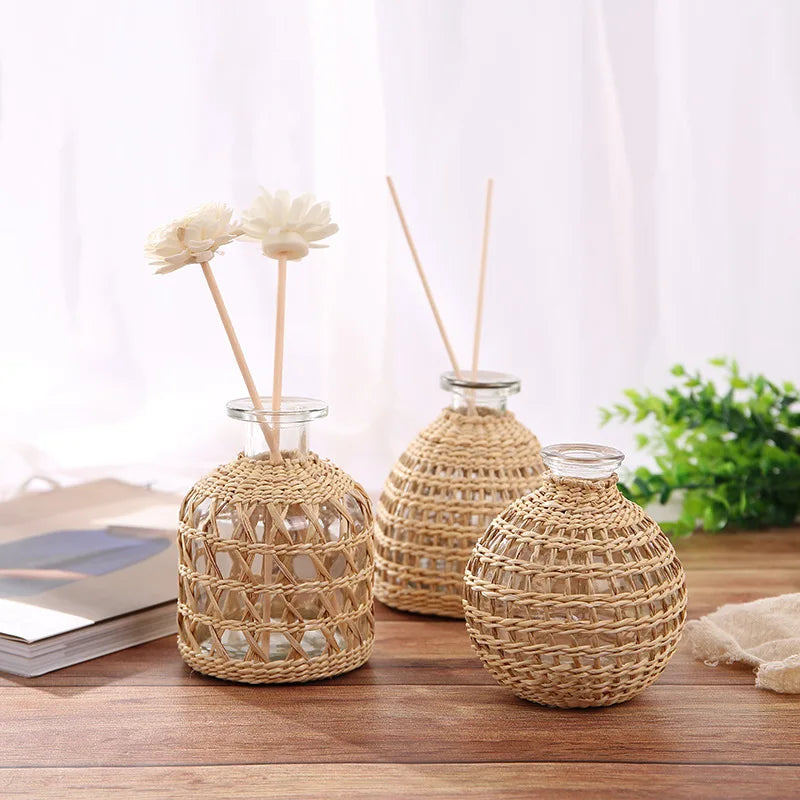 Japanese Style Hand-woven Glass Aroma Vase Small Diameter Dried Flowers Dining Table Decoration Plant Pots Decorative