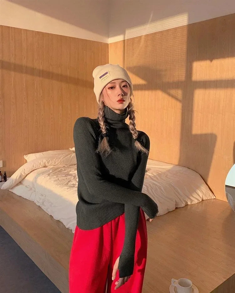 Women Turtlneck Sweater Elegant Solid Basic Knitted Tops Casual Pullover Korean Fashion Simple with Thumb Holes Chic Clothes