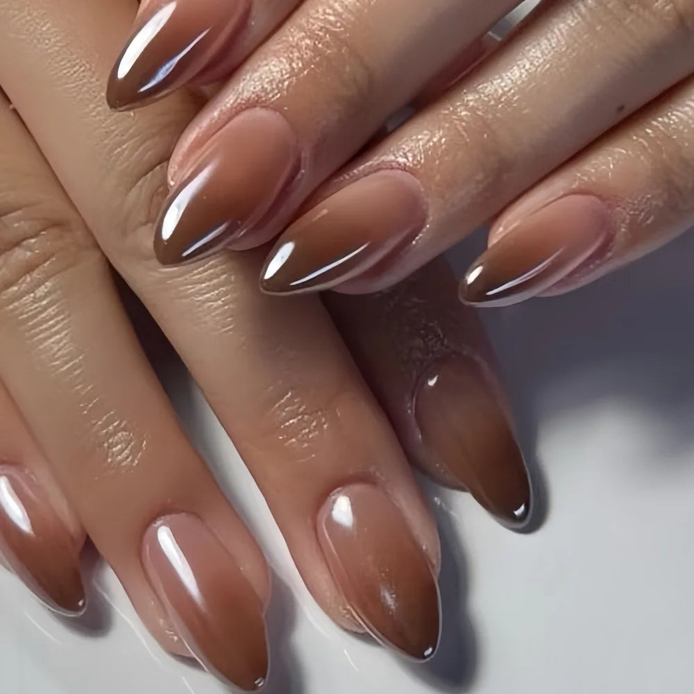 Medium fake nails for women girls gradient coffee color glossy Square almond nail tips full cover press on acrylic false nail
