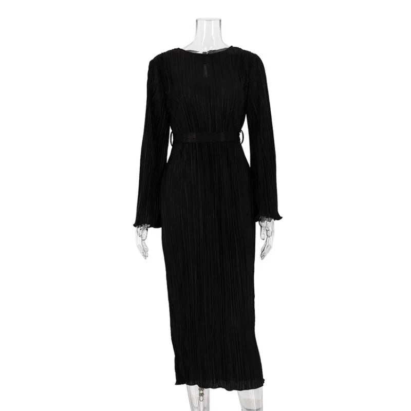 Autumn Winter Party Dress for Women 2025 Y2K INS Elegant Fashion Long Sleeve O Neck Lace Up Folds Evening Graduation Long Dress