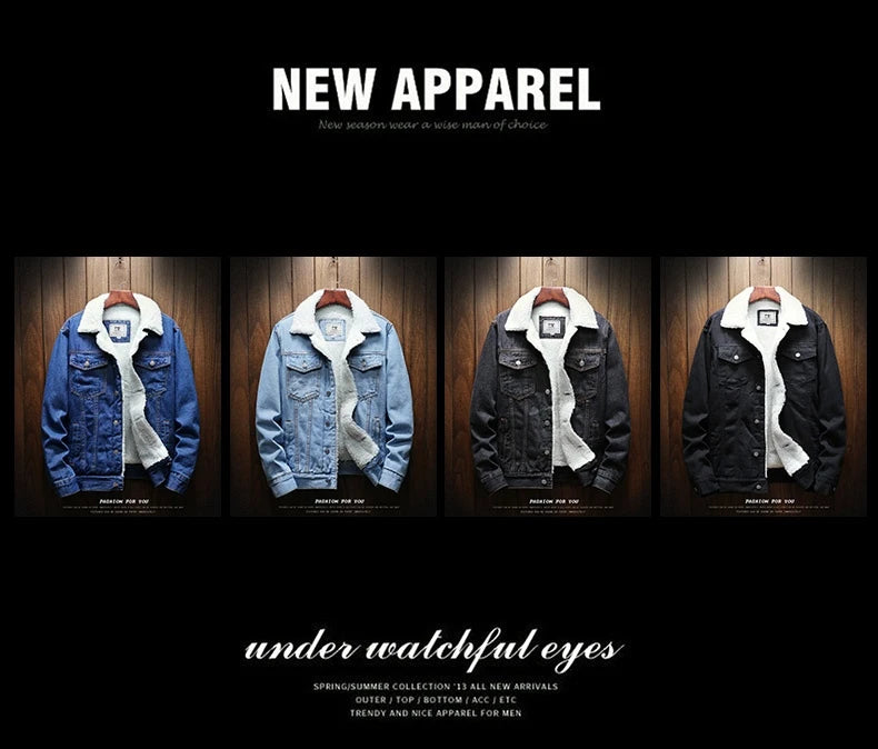 Winter Men's Fleece-Lined Denim Jacket Korean Fashion Windproof Warm Multi-Pocket Lapel Jacket Man High Street Vintage Jean Coat