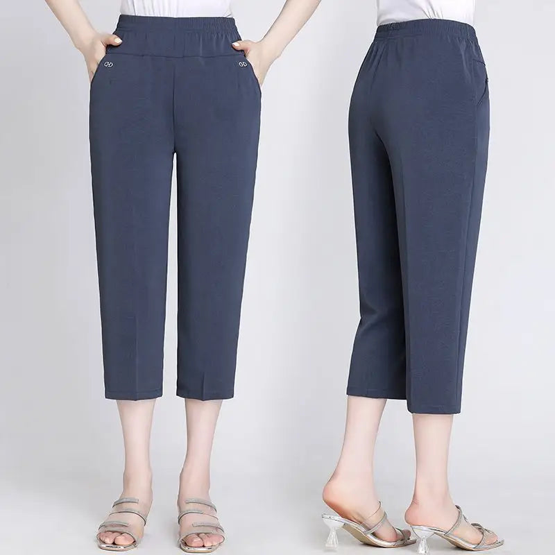 Office Lady Vintage Loose Straight Pants Spring Summer Thin Women Streetwear Fashion Casual Elastic High Waist Cropped Trousers