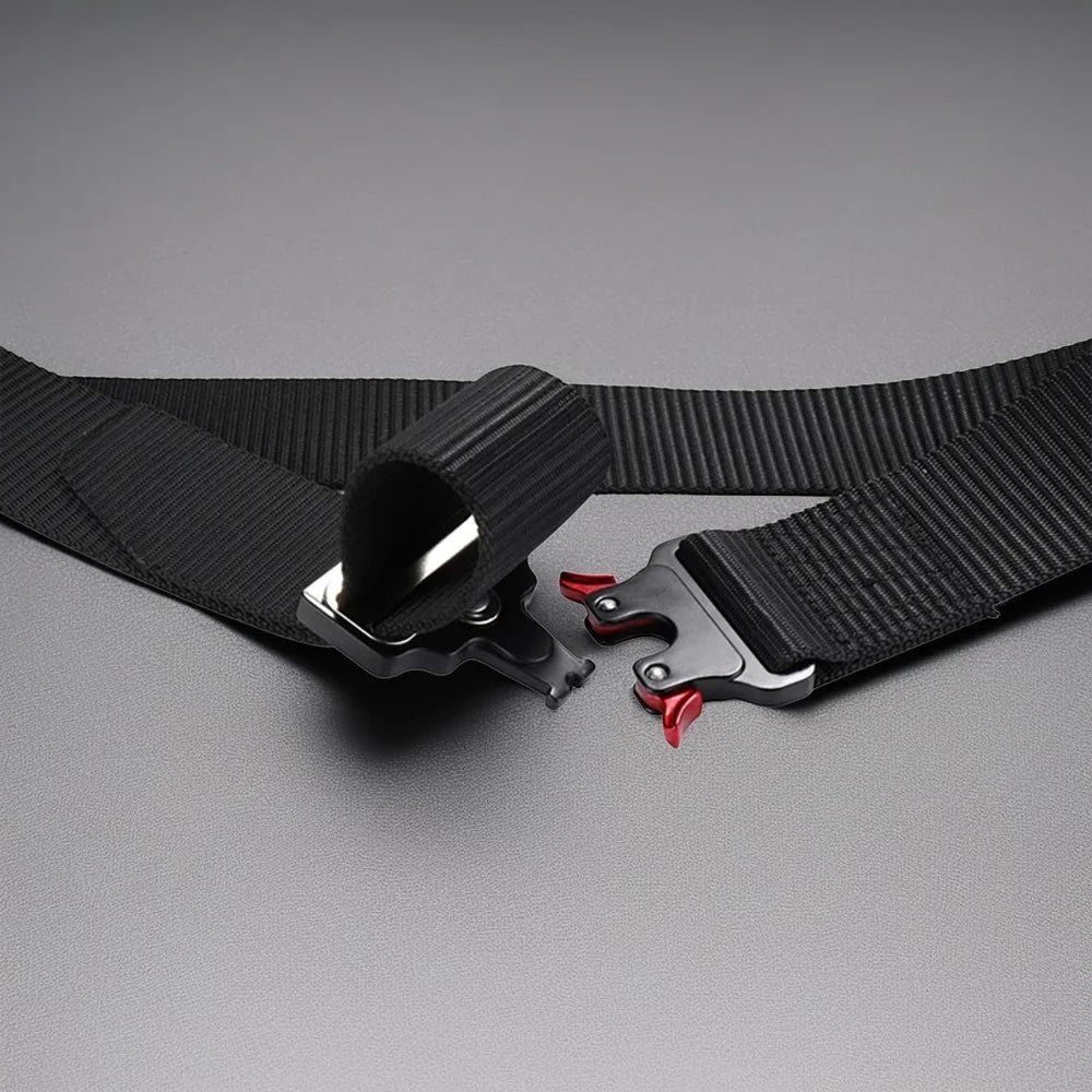 Men's sports belt, made of dark nylon material, with quick release metal buckle, ideal for outdoor and daily use