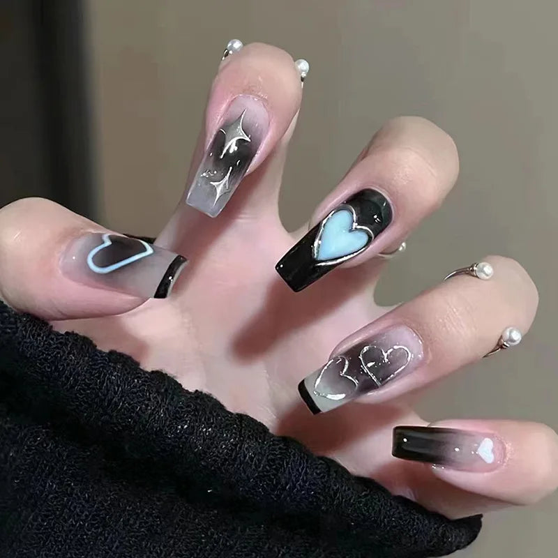 Gradient Black Fake Nails Long Ballerina Nails Press on Simple Full Cover False Nails Tips for Women Girls DIY Manicure 24Pcs