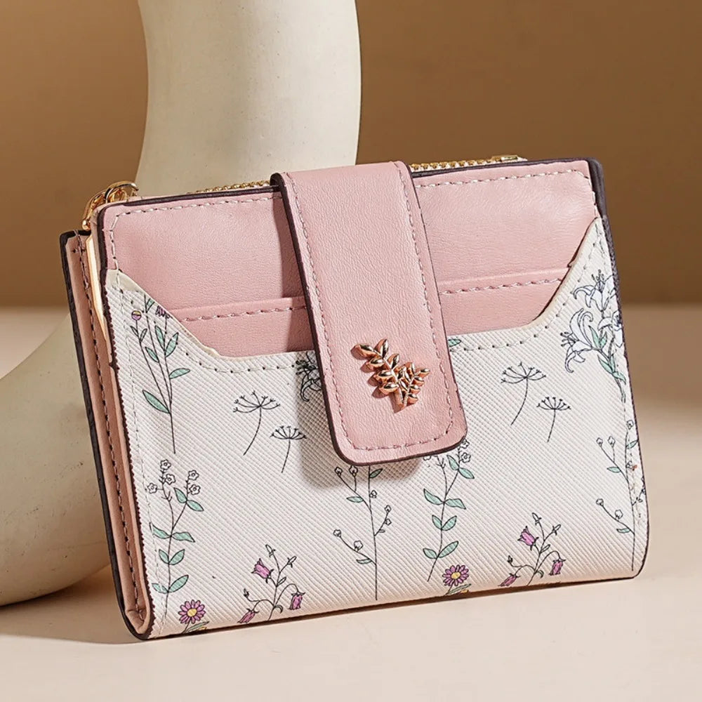 Slim PU Leather Short Wallet INS Multi-Cards Zipper Coin Purse Hasp Small Flowers Card Bag Wallet Zipper Hasp For Women Girl