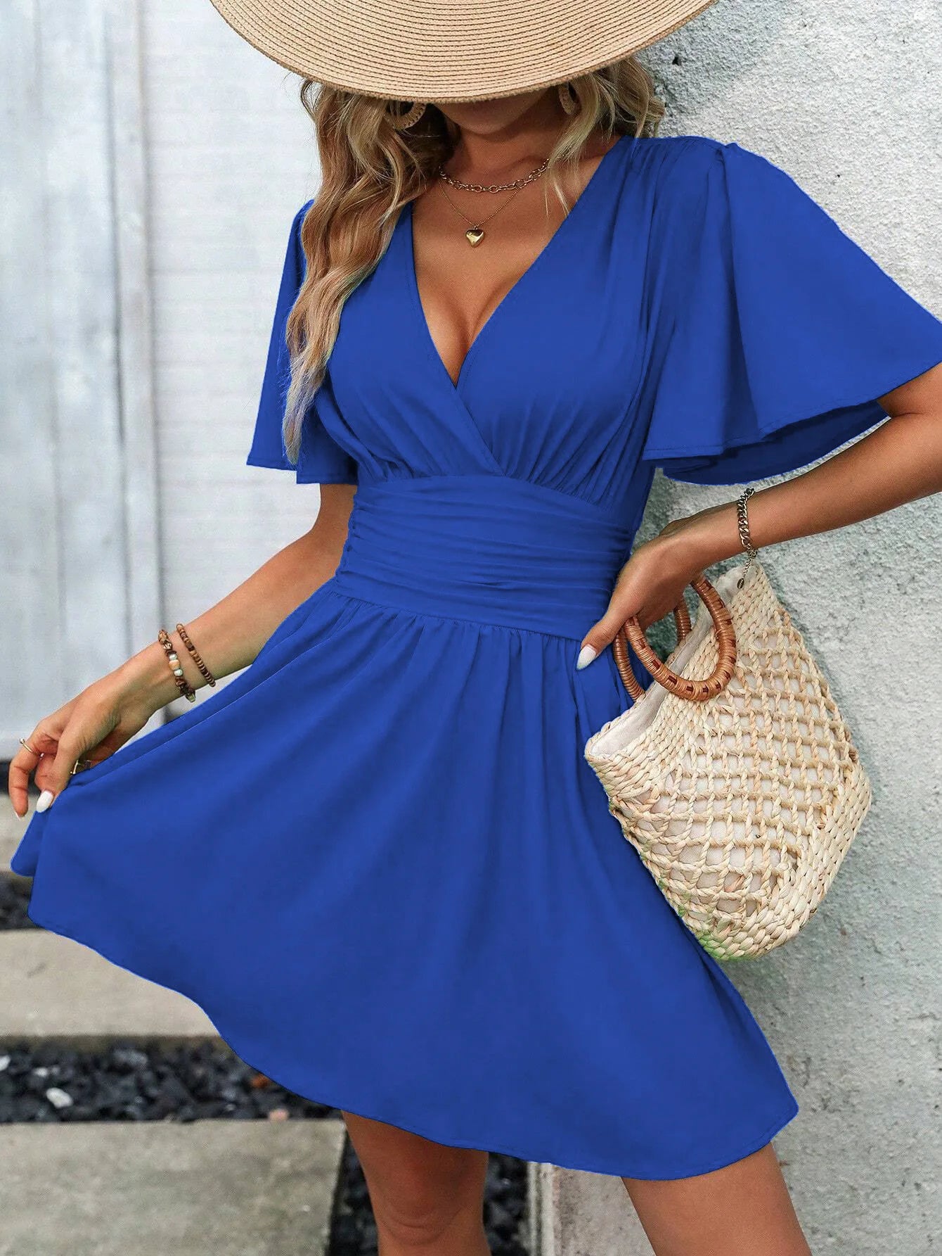 Woman Summer V-Neck Ruffled Sleeve Solid Color Dress Woman Clothing Tops Skirts Y2k Clothes