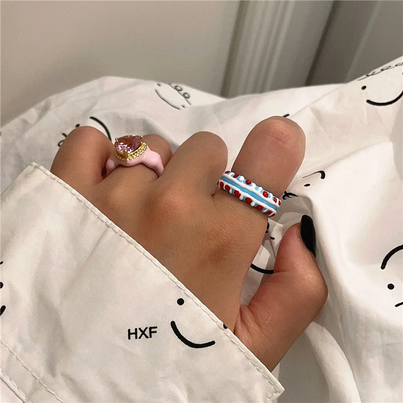 Love zircon inlaid pink handmade drip glaze enamel ring Y2K creative open ring female accessories jewelry gift