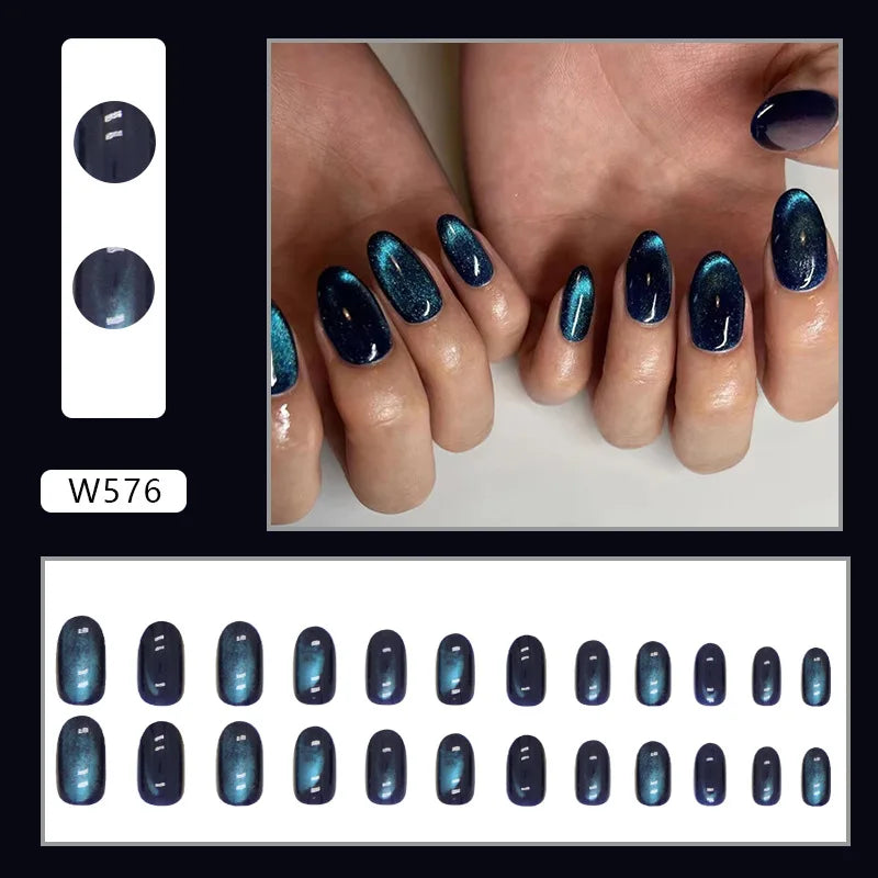 Medium fake nails for women girl gradient blue purple Glossy Almond nail art tips full cover acrylic press on false nail art set