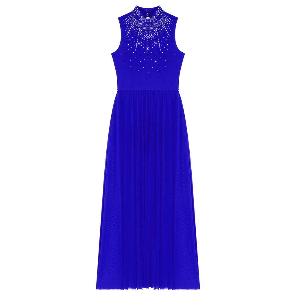 Womens Lyrical Dance Dresses Mock Neck Wide Hemline Shiny Rhinestones Maxi Dress Sleeveless Modern Contemporary Leotard Dresses
