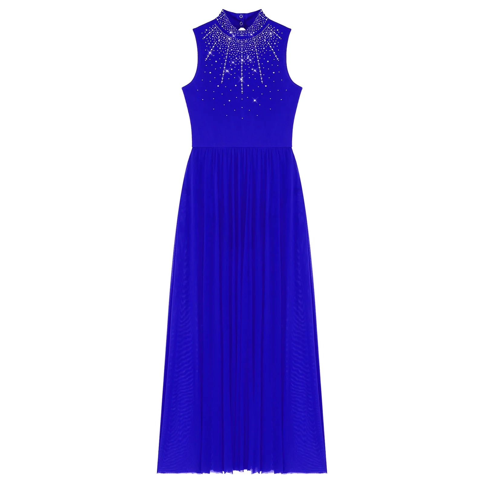 Womens Lyrical Dance Dresses Mock Neck Wide Hemline Shiny Rhinestones Maxi Dress Sleeveless Modern Contemporary Leotard Dresses