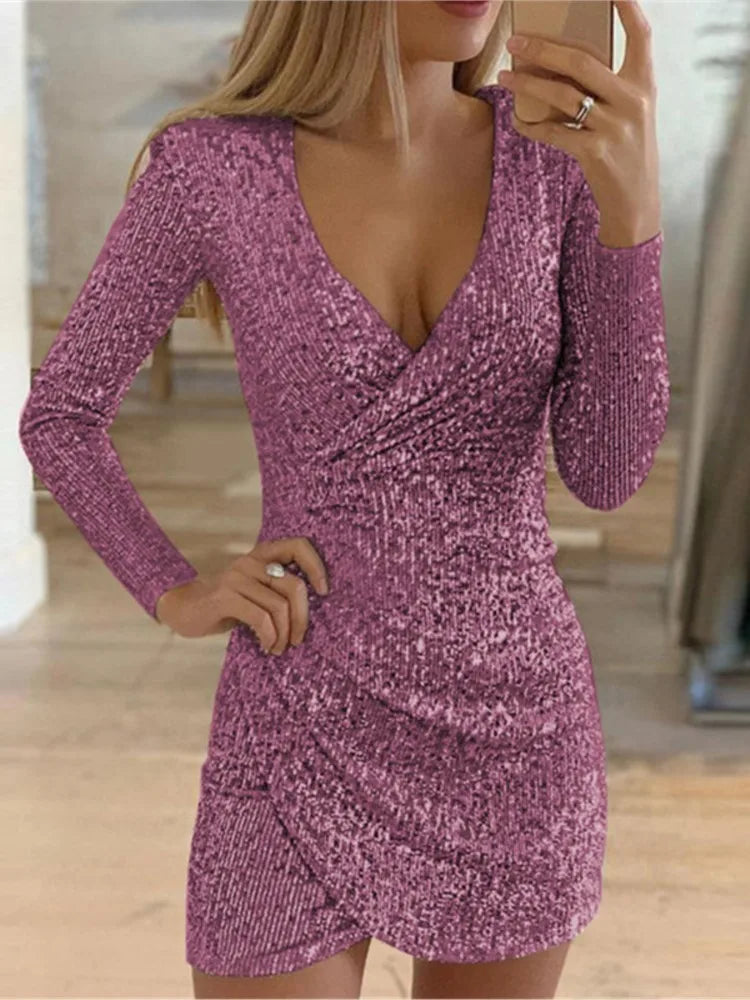 Sexy Deep V-Neck Silver Sequin Mini Bodycon Dress Spring Autumn Long Sleeve Party Dress Female
