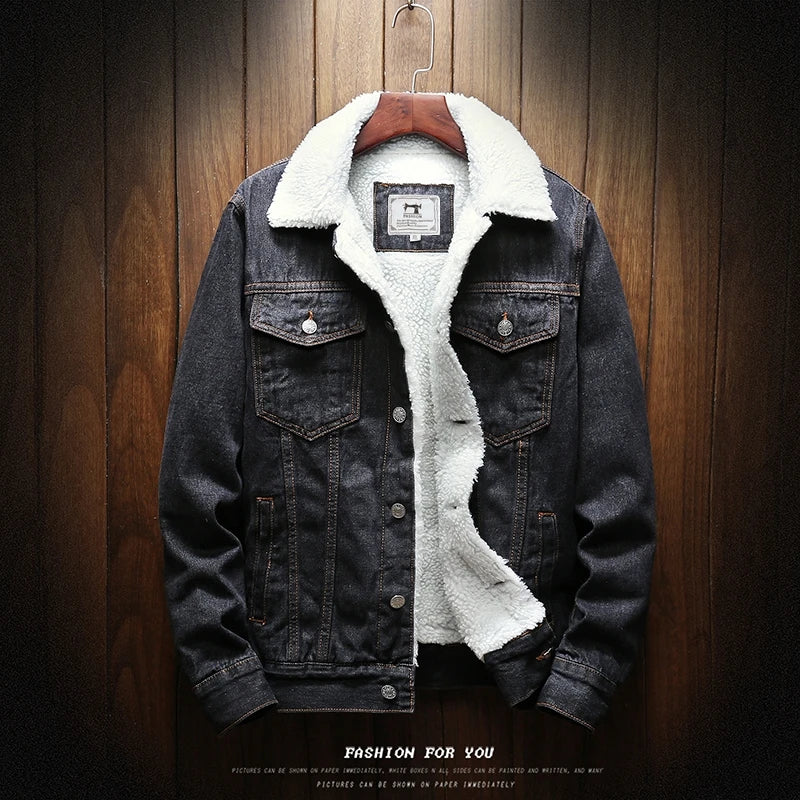 Winter Men's Fleece-Lined Denim Jacket Korean Fashion Windproof Warm Multi-Pocket Lapel Jacket Man High Street Vintage Jean Coat