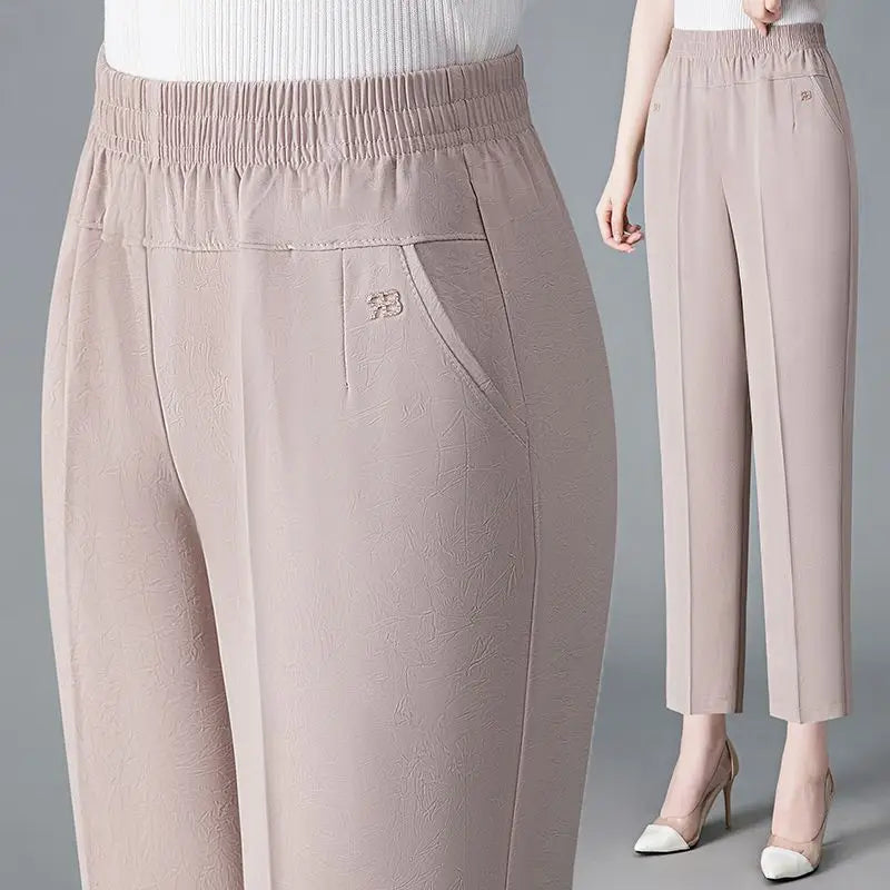 Office Lady Vintage Loose Straight Pants Spring Summer Thin Women Streetwear Fashion Casual Elastic High Waist Cropped Trousers