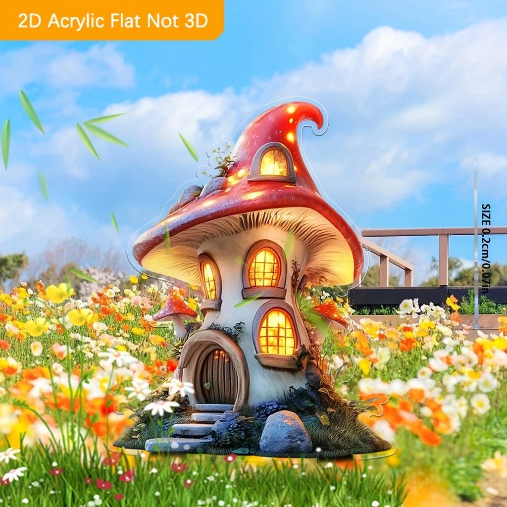 Bohemian Style 2D Fairy Tale Treehouse Cartoon Mushroom House Acrylic Bonsai Garden Decoration Waterproof Outdoor Lawn Art