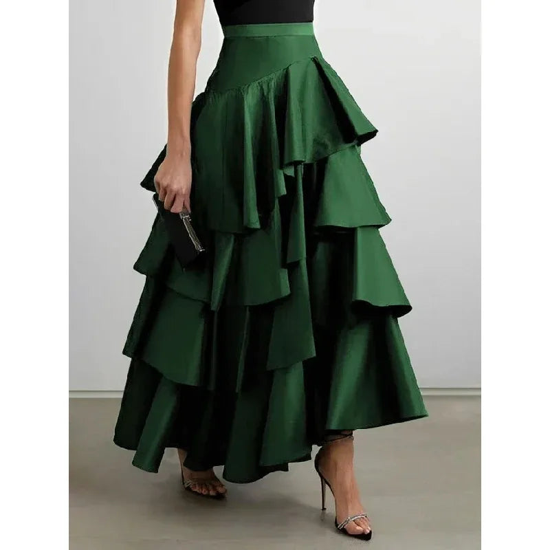 Women's Midi Skirts Summer Autumn Falbala Swing Party A-Line Classic Vintage Skirt for Lady High Waisted Long Skirts Black White