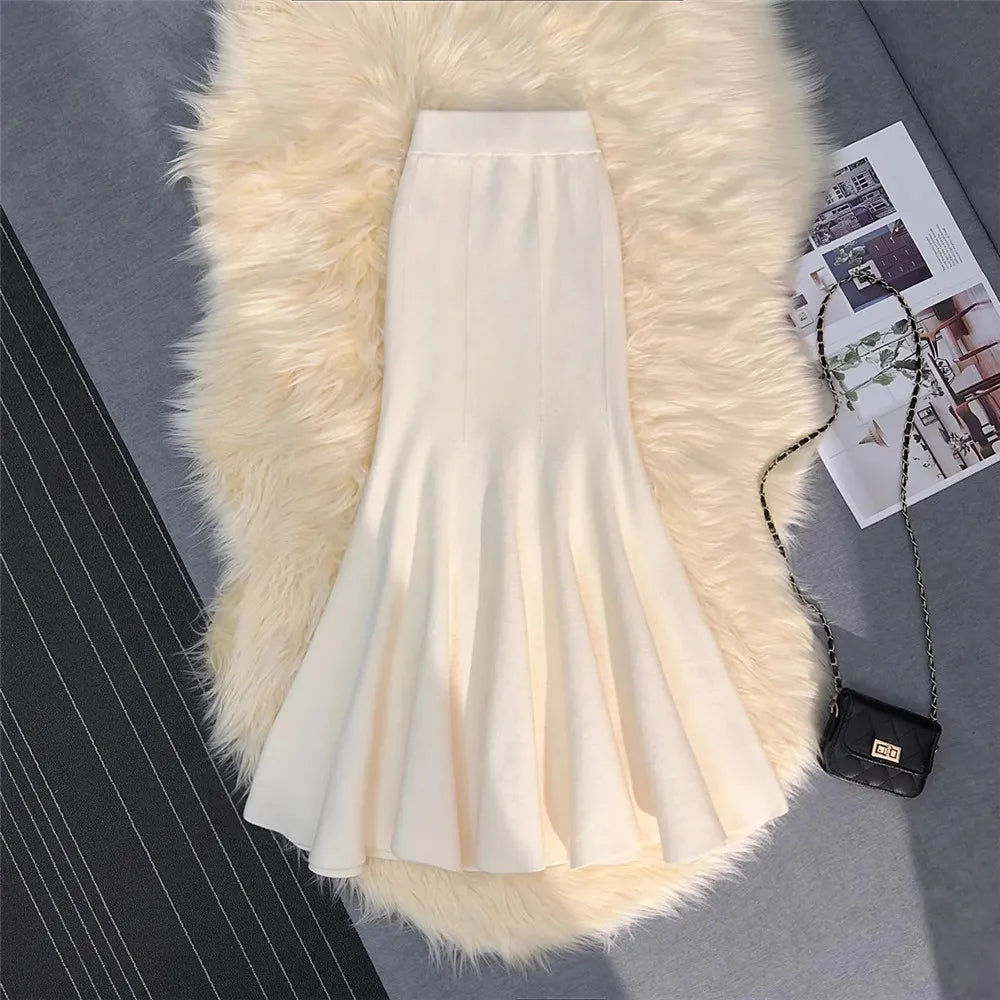 Knitting Skirts For Women Fashion High Waist Slim Trumpet Mermaid Skirts Office Ladies Casual Elegant Ankle Length Long Skirt