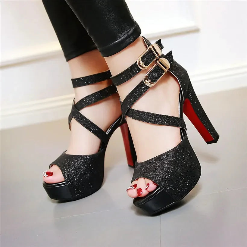 Casual Women Platform Sandals Glitter Leather 12cm High Chunky Heel Summer Buckle Cross Strap Zipper Gold Wedding Ladies Sandals