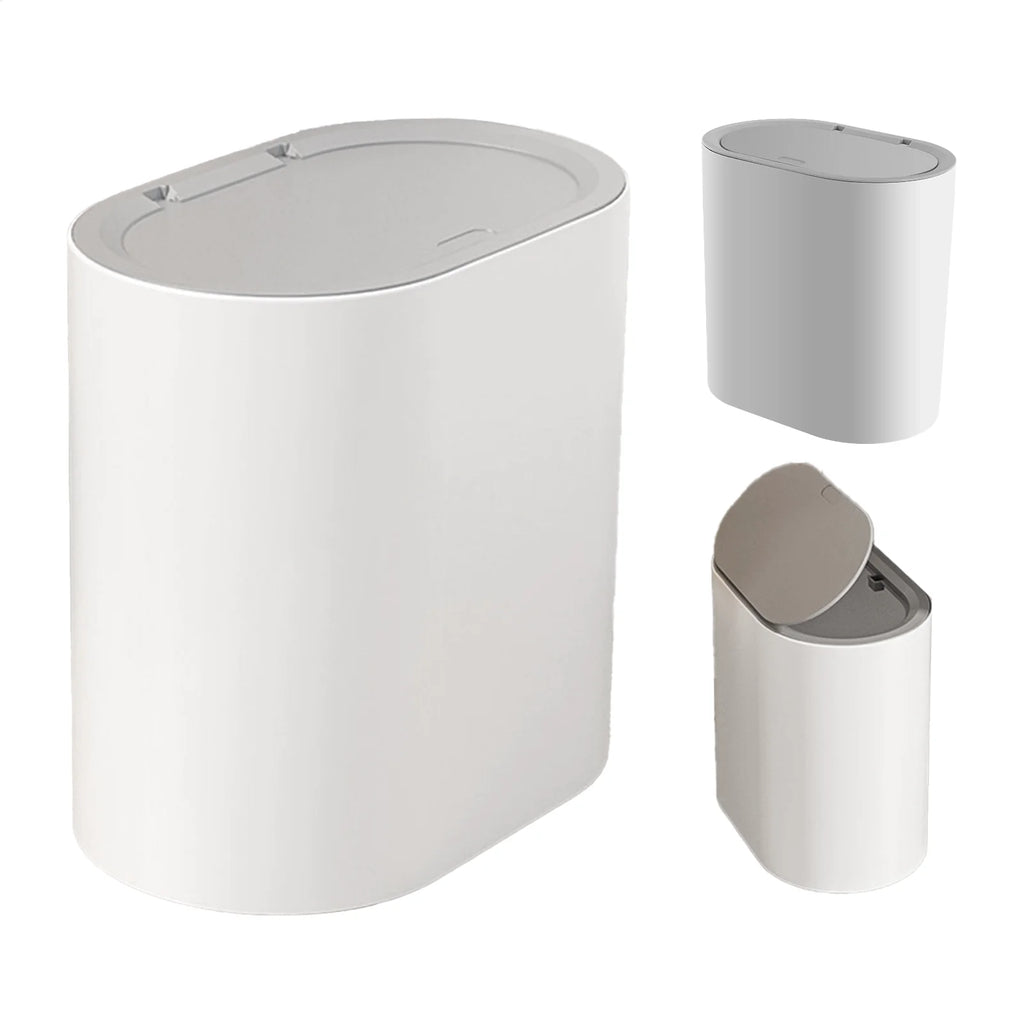 Press Top Trash Can with Lid, Slim Waste Basket for Bathroom Kitchen, Compact Office Living Room Garbage Bin