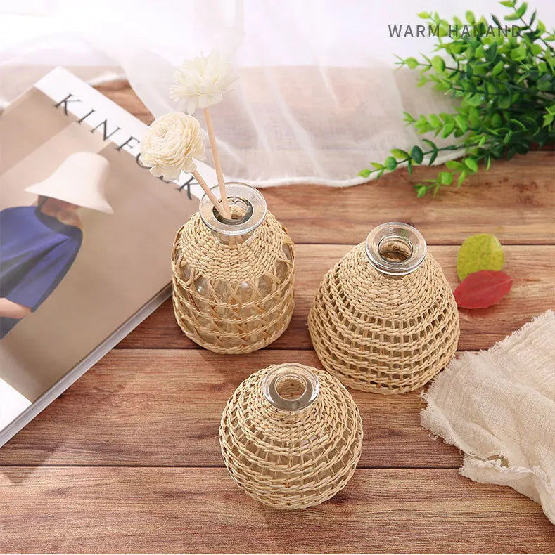 Japanese Style Hand-woven Glass Aroma Vase Small Diameter Dried Flowers Dining Table Decoration Plant Pots Decorative