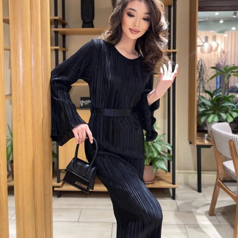 Autumn Winter Party Dress for Women 2025 Y2K INS Elegant Fashion Long Sleeve O Neck Lace Up Folds Evening Graduation Long Dress