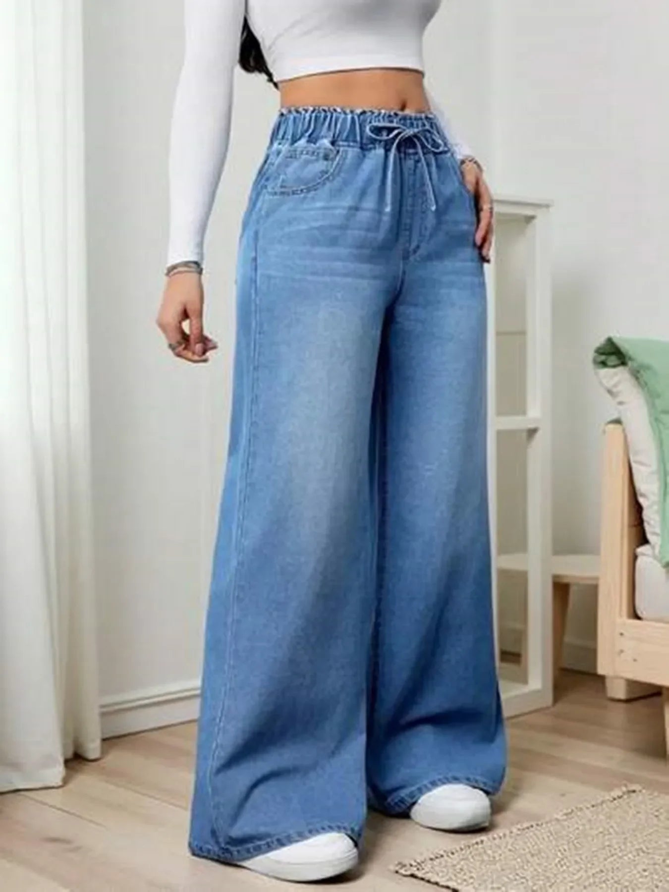 Elastic Waist Wide Leg Floor-Length Pants European American Trend Loose Casual High Waist Women Denim Jeans