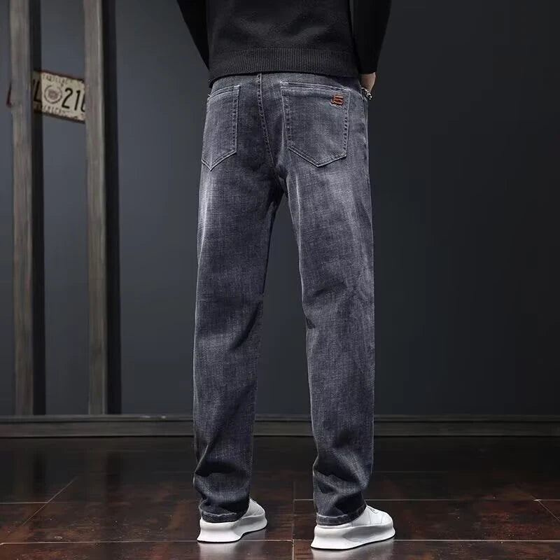 Men Fashion Loose Straight Elasticity Jeans Male Wear-resistant Slim Fit Denim Pants Smart Casual Dark Gray Trousers