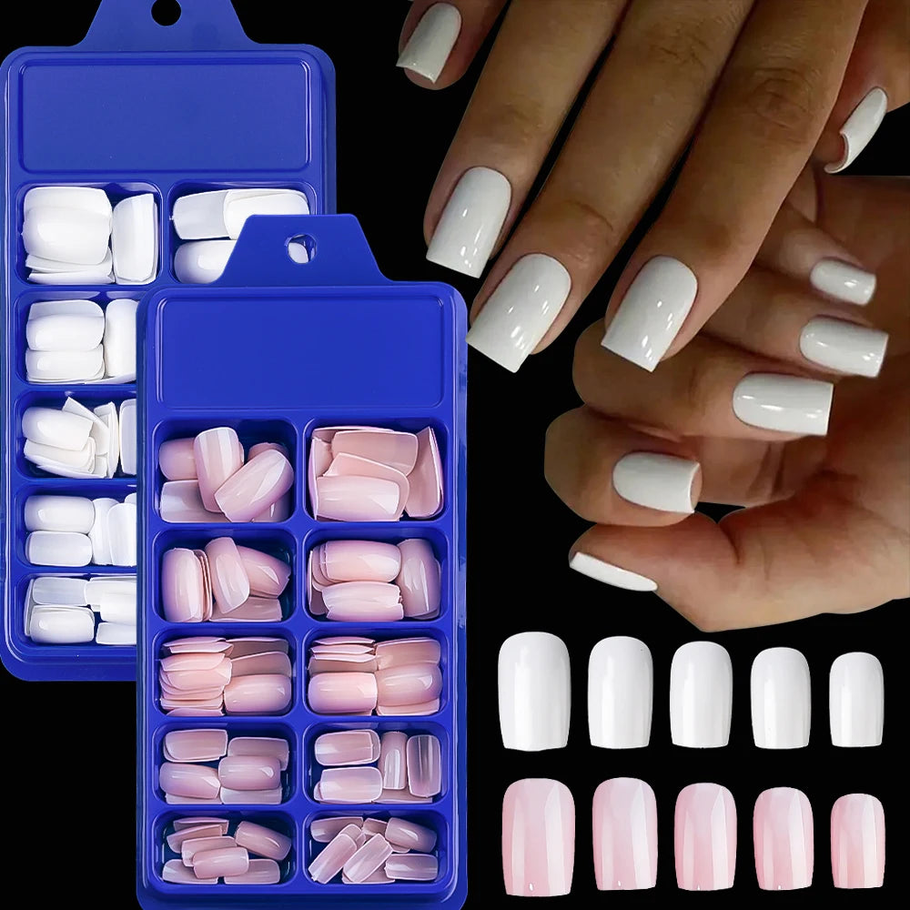 100pcs Light Pink Press-On Nails | Short & Medium Square | 10 Sizes Full Cover Nail Tips