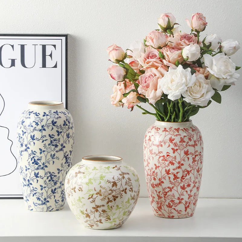Red and White Porcelain Vase Elegant Classical Flowers Pot