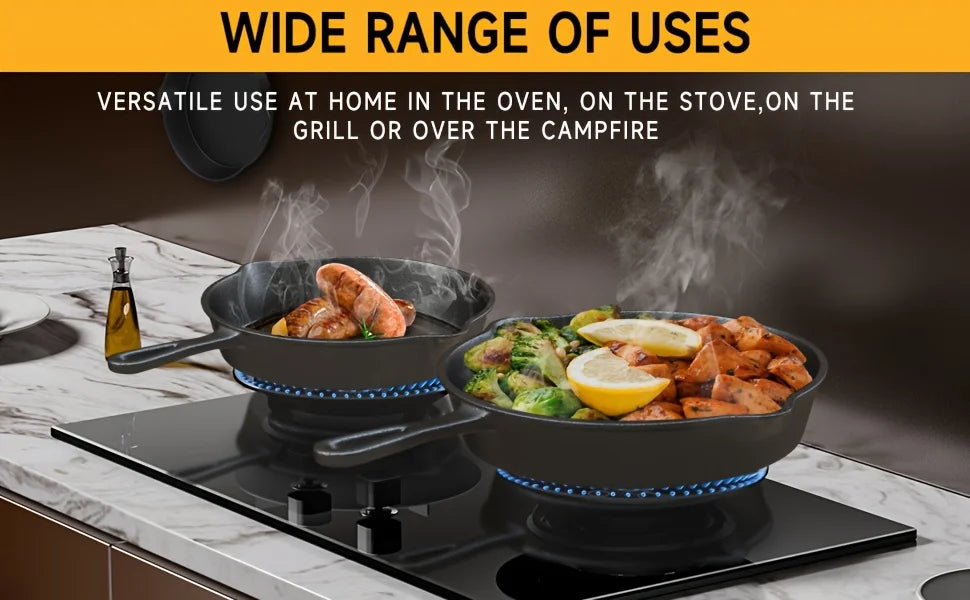 3-Piece Cast Iron Skillet Set (6/8/10 Inch) - Pre-Seasoned, Non-Stick, Heavy-Duty Pans for Oven, Grill & Campfire Cooking