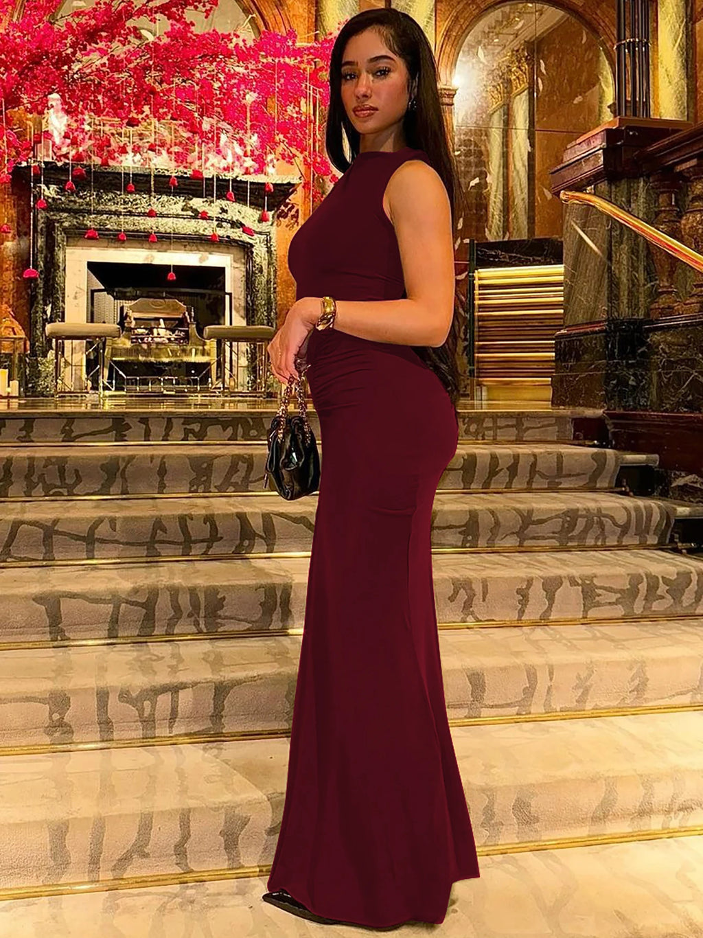 Dulzura Elegant Long Dress Ruched Bodycon Sleeveless Solid Dresses Lady Cocktail Party Wedding Guest Formal Women Clothes 2024