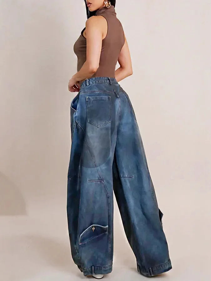 Wide Leg Pants Women Vintage Denim Jeans Punk Style Loose Trousers Stretch Mid Waist Washed Distressed 2026 Mom Streetwear