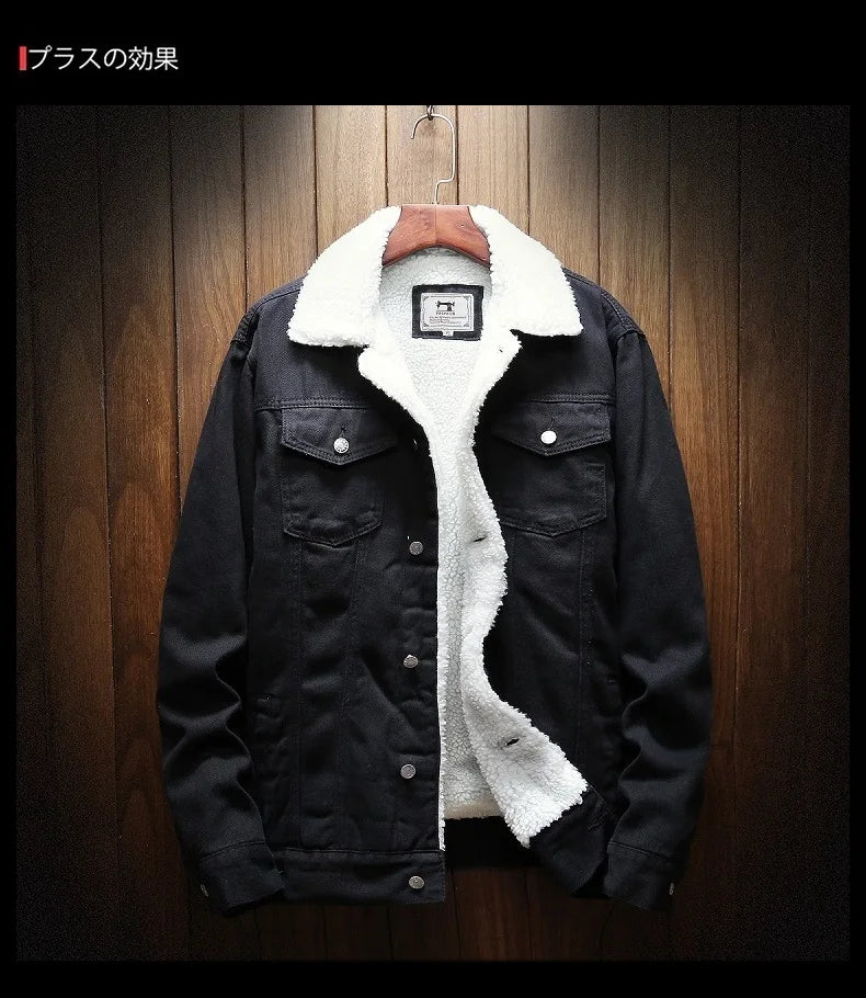 Winter Men's Fleece-Lined Denim Jacket Korean Fashion Windproof Warm Multi-Pocket Lapel Jacket Man High Street Vintage Jean Coat